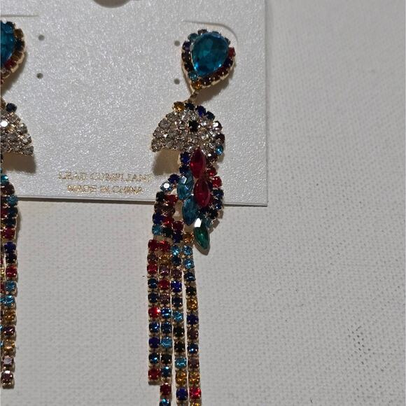 Natasha Jeweled Multi Color Tropical Parrot Bird Statement Earrings New - Picture 7 of 8